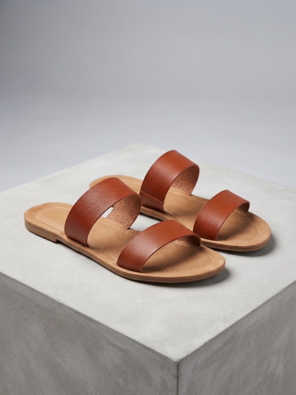 Cushionaire Memory Foam Tan Two-Band Slide Sandals - Size 8